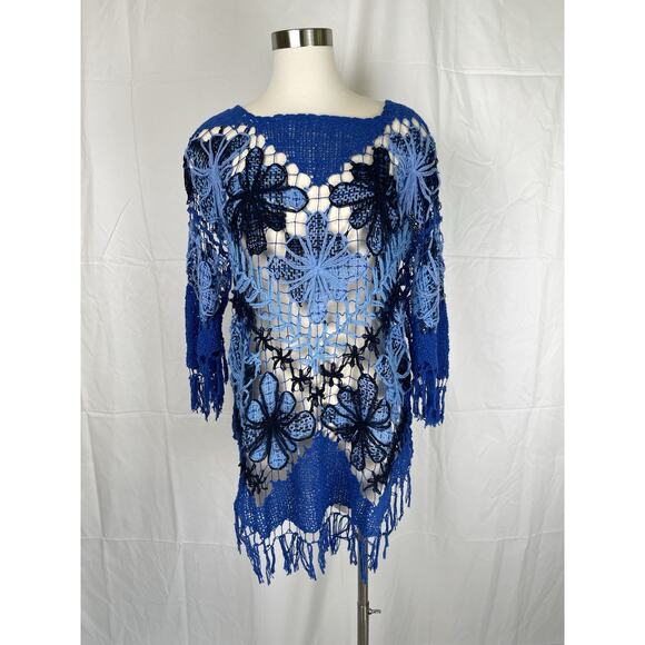 Handmade Blue Floral Crochet Mesh Dress Cover-Up Boho Festival Fringe Retro - Picture 1 of 9